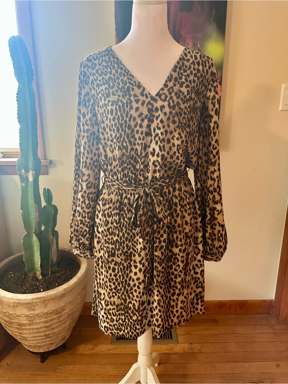 Express Leopard-Print V-Neck Long Sleeve Dress in Tan and Black